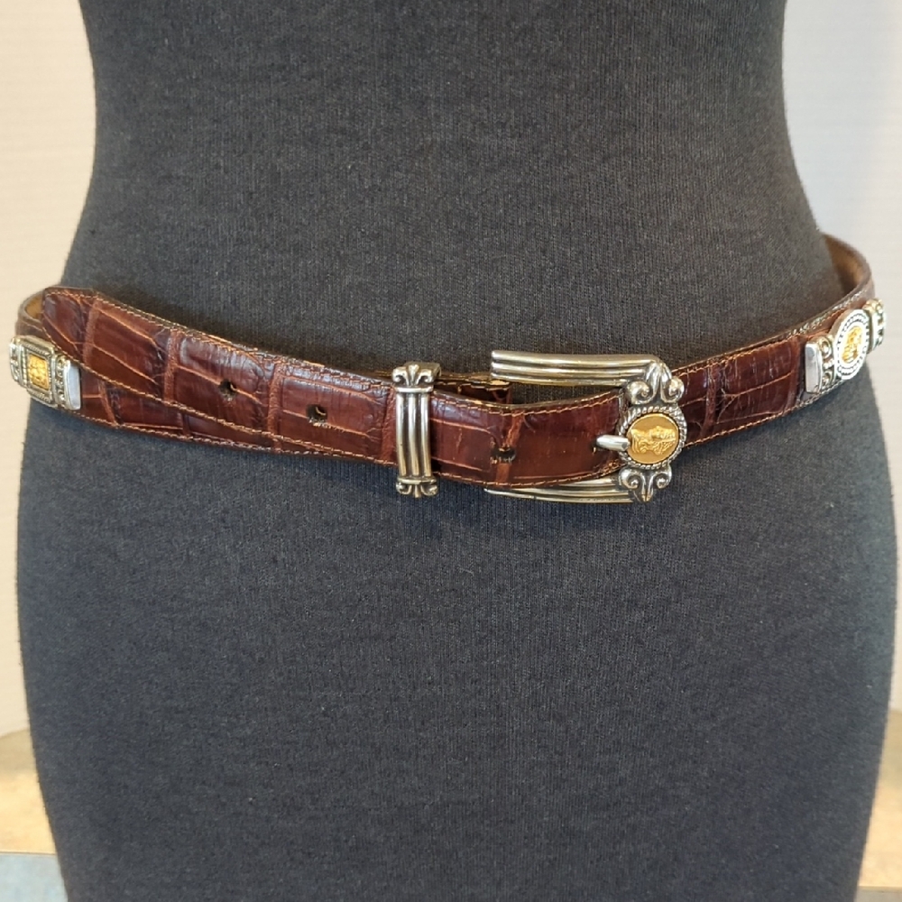 Brighton Tan Leather Belt with Coins. Silver And Gold Buckle Size Large